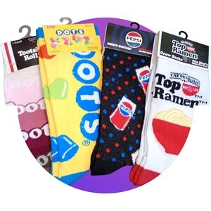 Pepsi, Tootsie Roll, Dots, and Top Ramen Themed Crew Socks